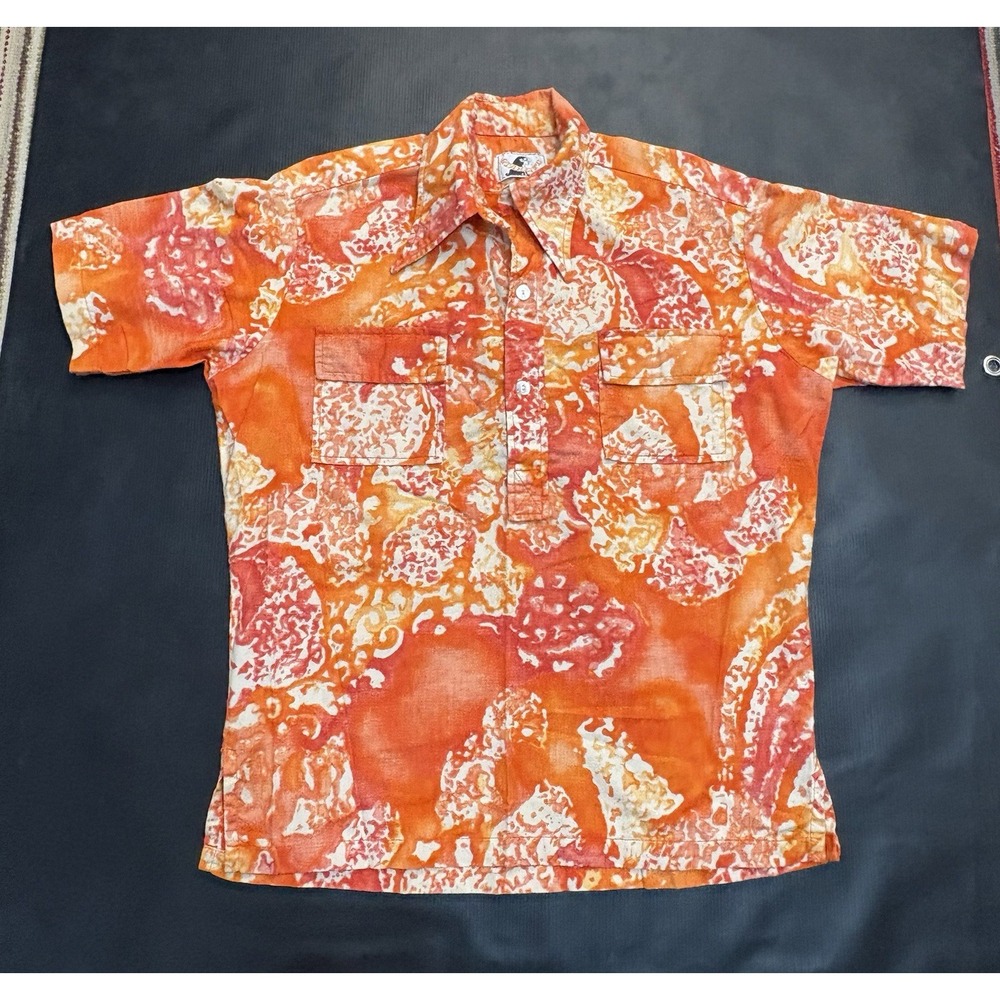 Vintage Mens XL Button Up Down Otaheite Hawaiian Shirt Surf Orange Waves Tiki